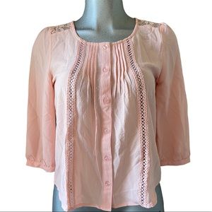 MINE Cottagecore Top Shirt 1/2 Sleeve Peasant Lace Coral Coquette Boho Sz Small